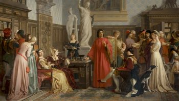 Amos Cassioli, Lorenzo dei Medici mostra a Galeazzo Sforza le suppellettili artistiche da lui raccolte, 1868, Siena, Banca Monte dei Paschi di Siena