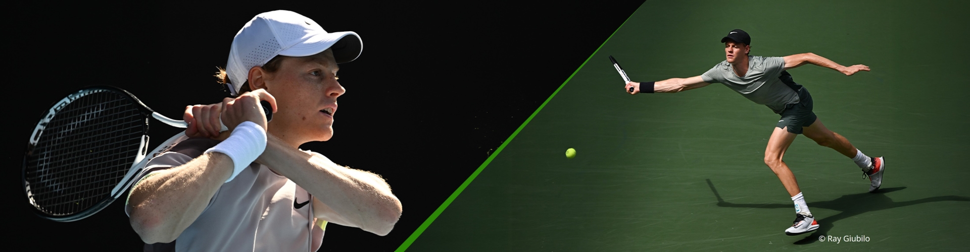 Mosaico di due immagini con Jannik Sinner sul campo da tennis mentre gioca
